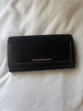 Burberry Black Leather Continental Wallet with Gold Logo Plate